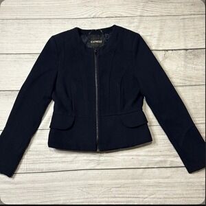 Express Women's Tailored Navy Cropped Zip Up Blazer Jacket with Peplum Back